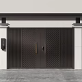 Stylish Modern Entrance Door with Diagonal Stripes Dark Brown Finish White Walls and Overhead Lintel