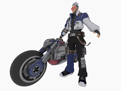 Game Character In Blue White Jacket With Red Hair And Watcher Motorcycle Star Design 3d model