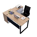 Wooden Office Desk Setup With Laptop Magazine Water Cup Printer And Black Chair