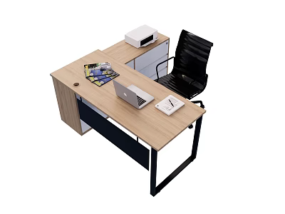 Wooden Office Desk Setup With Laptop Magazine Water Cup Printer And Black Chair 3d model