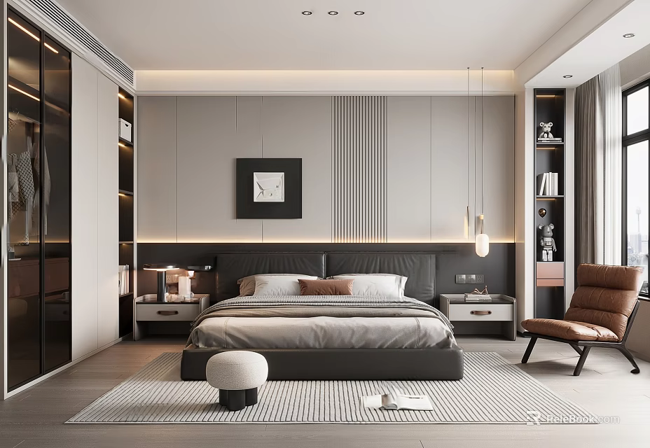 Modern Bedroom Interior With Striped Accent Wall Platform Bed Nightstands Pendant Lights And Area Rug 3d model 