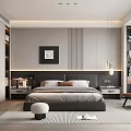 Modern Bedroom Interior With Striped Accent Wall Platform Bed Nightstands Pendant Lights And Area Rug 3d model