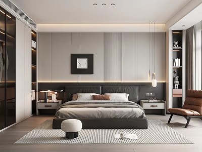 Modern Bedroom Interior With Striped Accent Wall Platform Bed Nightstands Pendant Lights And Area Rug 3d model