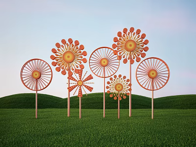 Colorful Windmill Art Installation With Orange Yellow Blades In Green Grass Field 3d model