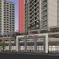 Multi Level Commercial Street Featuring Staircases Green Plants Outdoor Seating And Umbrellas
