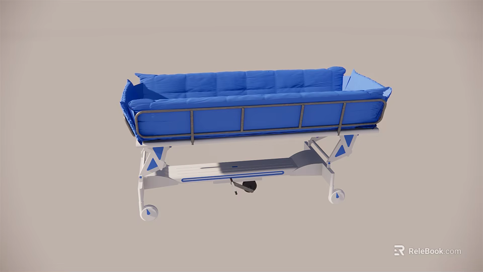 Blue Medical Bed with Metal Frame Wheels and Cushioned Mattress for Hospital Use 3d model 