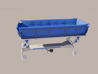 Blue Medical Bed with Metal Frame Wheels and Cushioned Mattress for Hospital Use 3d model