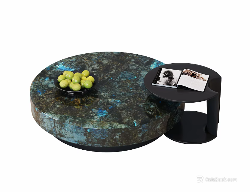 Modern Unique Patterned Round Coffee Table With Green Fruit Bowl And Side Table Magazines 3d model