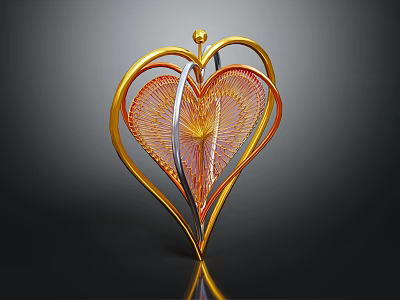 Ornamental Decorative Set With Golden Heart Shaped Frame And Radiant Red Orange Pattern 3d model