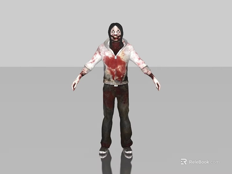Game Movie Character In Blood Stained White Hoodie Dark Pants And Mask With Arms Outstretched 3d model 