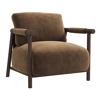 Modern Brown Velvet Single Sofa With Wooden Arms And Sturdy Legs Design 3d model