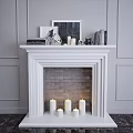 White Fireplace Mantel Featuring Frames Books Decorations And Brick Interior With Candles 3d model