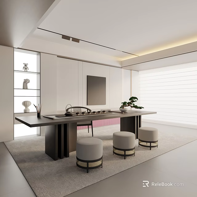 Modern Minimalist Tea Room Interior Design With Long Table Tea Set And Stools 3d model