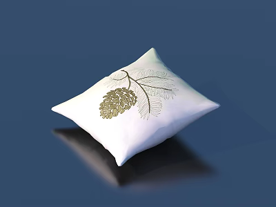 White Decorative Pillow With Golden Pinecone And Leaf Embroidery Design 3d model