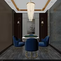 Elegant Hotel Mahjong Room Interior With Blue Chairs Green Table And Crystal Chandelier