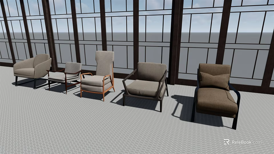 Stylish Single Sofa In Various Modern Upholstered Designs With Neutral Tones And Comfortable Backrests 3d model 