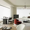 Modern Living Dining Room Interior With White Sofa Red Armchair Round Rug And Chandelier