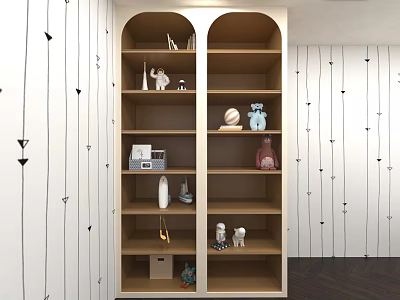 Wooden Console Cabinet with Double Arch Design Multi layer Shelves Decorated with Ornaments on White Wall with Black Arrows 3d model