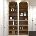 Wooden Console Cabinet with Double Arch Design Multi layer Shelves Decorated with Ornaments on White Wall with Black Arrows