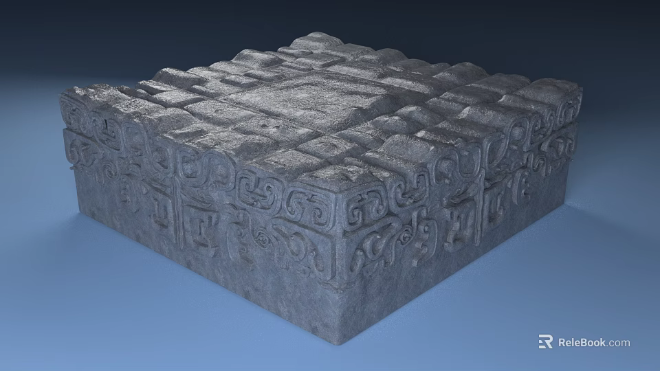 Stone and Wood Decorative Square Base with Intricate Carved Patterns and Textured Surface 3d model 
