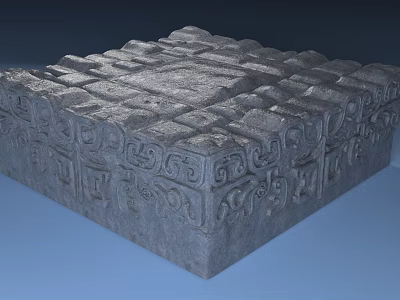 Stone and Wood Decorative Square Base with Intricate Carved Patterns and Textured Surface 3d model