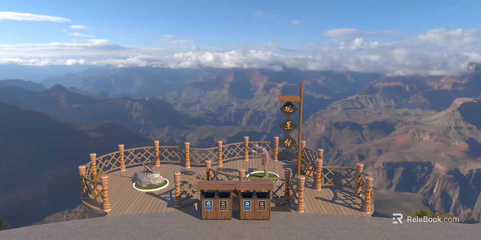 Scenic Road Facilities Viewing Platform With Wooden Railings Trash Bins And Mountain View 3d model 