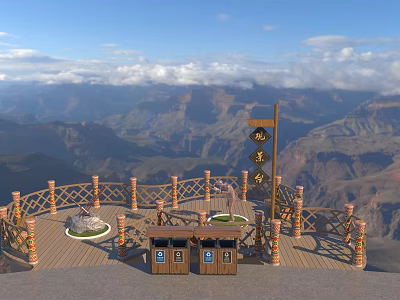 Scenic Road Facilities Viewing Platform With Wooden Railings Trash Bins And Mountain View 3d model