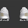 White Gold Soccer Cleats with Gold Stripes Upper and Spiked Soles on Black Reflective Background