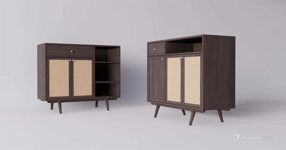 Dark Wood Entryway Side Cabinet With Rattan Doors Slim Legs Drawers And Open Shelves 3d model 