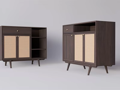 Dark Wood Entryway Side Cabinet With Rattan Doors Slim Legs Drawers And Open Shelves 3d model