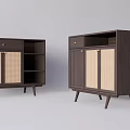 Dark Wood Entryway Side Cabinet With Rattan Doors Slim Legs Drawers And Open Shelves