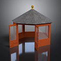 Wooden Gazebo Structure With Gray Roof Golden Finial Open Door And Glass Windows