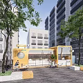 Modern Commercial Landscape With Yellow Retail Kiosk High Rise Buildings Trees Paved Ground And Seating