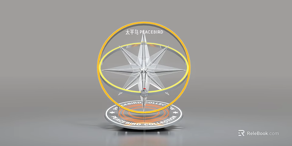 Future Themed Compass Shaped Art Installation With Star Structure And Yellow Rings 3d model 