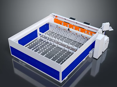 Modern Industrial Mechanical Device Featuring White Blue Exterior Orange Components And Internal Grid Platform 3d model