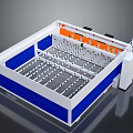 Modern Industrial Mechanical Device Featuring White Blue Exterior Orange Components And Internal Grid Platform
