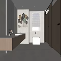 Modern Public Restroom Interior With Wooden Stalls Sink Counter And Mirrors