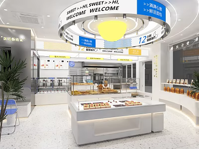 Delicious Dessert Shop Interior Featuring Display Cases Fresh Pastries And Welcome Sign 3d model