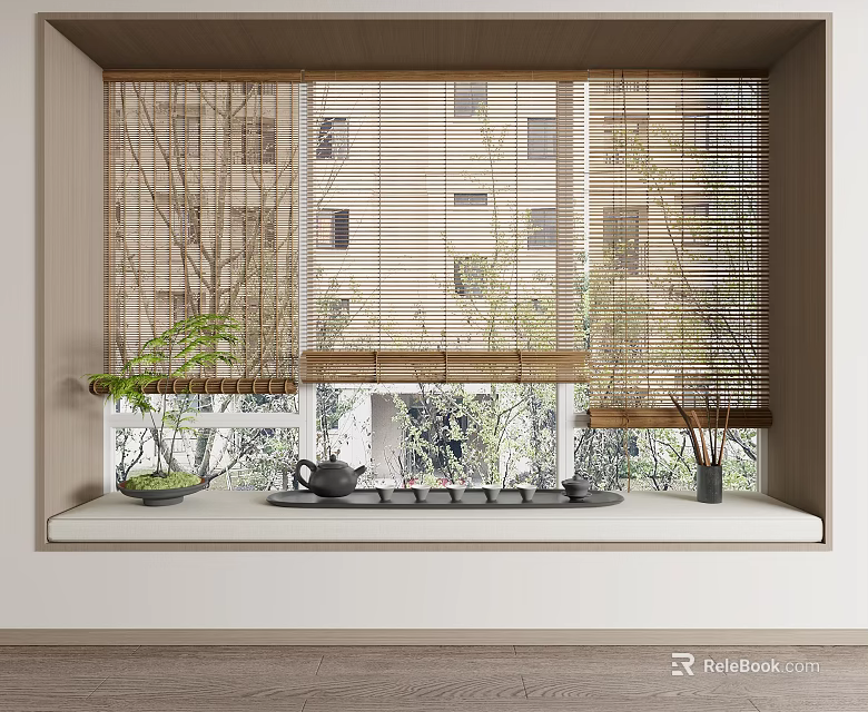 Natural Bamboo Blinds Window Interior With Tea Set Plants And Outdoor Greenery 3d model 