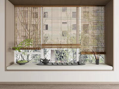 Natural Bamboo Blinds Window Interior With Tea Set Plants And Outdoor Greenery 3d model