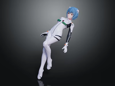Anime Character With Blue Hair White Bodysuit Green And Black Accents On Dark Background 3d model