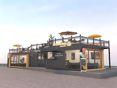 Modern Container Building for Coffee Pizza Shop with Outdoor Seating Umbrellas and Plants 3d model