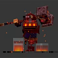 Red Armored Warrior Character With Giant Hammer Standing On Lava Ground