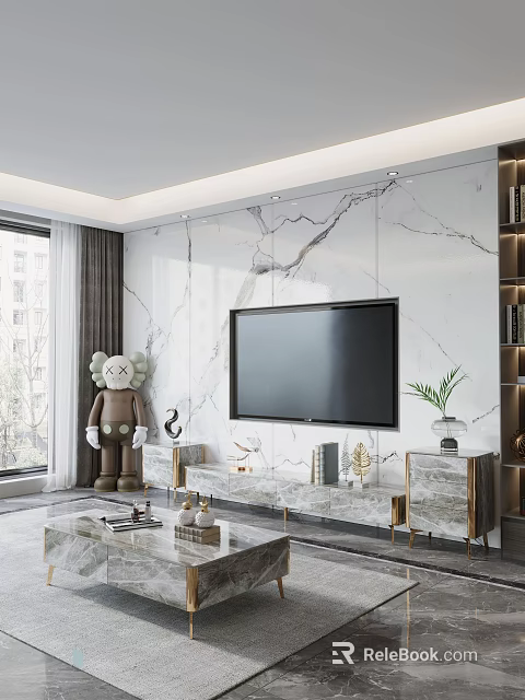 Modern TV Background Wall with Marble Texture Flat Screen TV Gold Stand and Decorative Elements 3d model