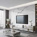 Modern TV Background Wall with Marble Texture Flat Screen TV Gold Stand and Decorative Elements 3d model