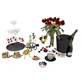 Wine Bottles And Glasses Arrangement With Red Roses Ice Cream Strawberries Desserts And Ice Cubes