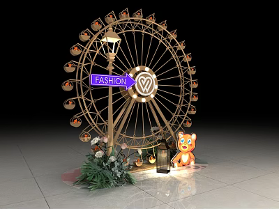 Fashion Themed Ferris Wheel Display With Cartoon Tiger Street Lamp And Green Plants 3d model