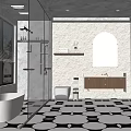 Modern Bathroom Interior With Bathtub Glass Shower Mirror Wooden Vanity And Patterned Floor