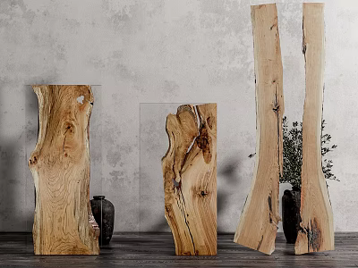 Natural Wooden Decor Pieces With Stone Wall Background For Rustic Home Interior 3d model