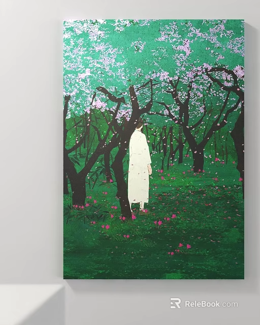 Person In White Robe Standing Among Pink Flower Trees In Green Forest 3d model 